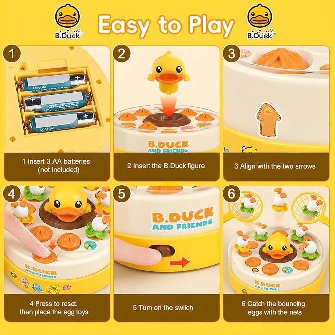 BDUCK+ Bounce and Catch Duck Game: Duck Toys for Kids Ages 3-8, Jumping Ducks Toddler Board Game with Music, 2 Player Interactive Preschool Toy, Birthday Gift for Boys and Girl