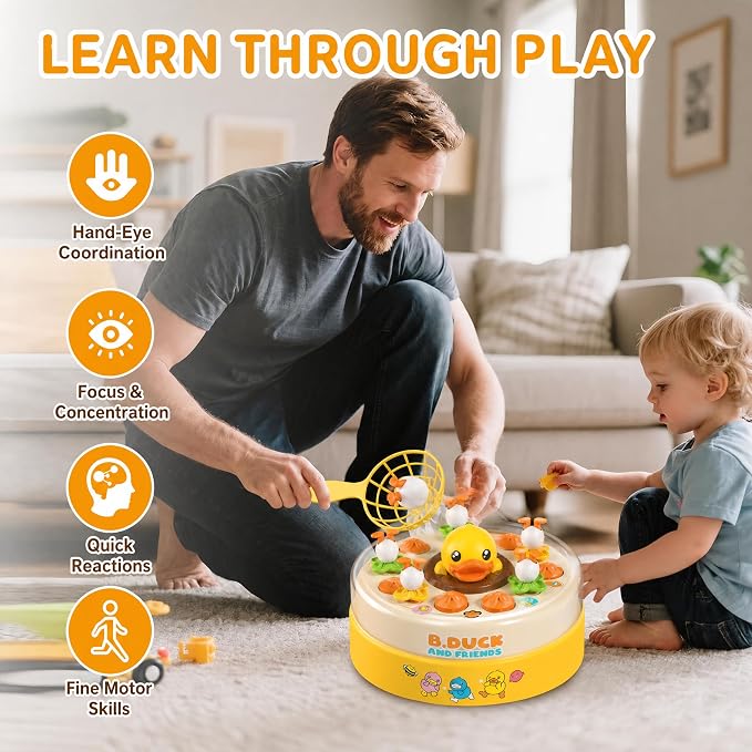 BDUCK+ Bounce and Catch Duck Game: Duck Toys for Kids Ages 3-8, Jumping Ducks Toddler Board Game with Music, 2 Player Interactive Preschool Toy, Birthday Gift for Boys and Girl
