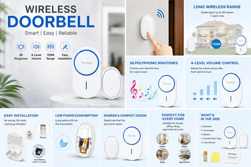 Wireless   Doorbell   –   4-Level   Volume   Control,   LED   Indicator   &   Easy   Installation